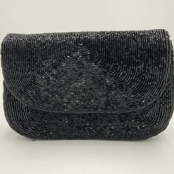 Elegant Vintage Black Beaded Evening Bag Clutch Handbag Marshall Fields - Picture 1 of 12